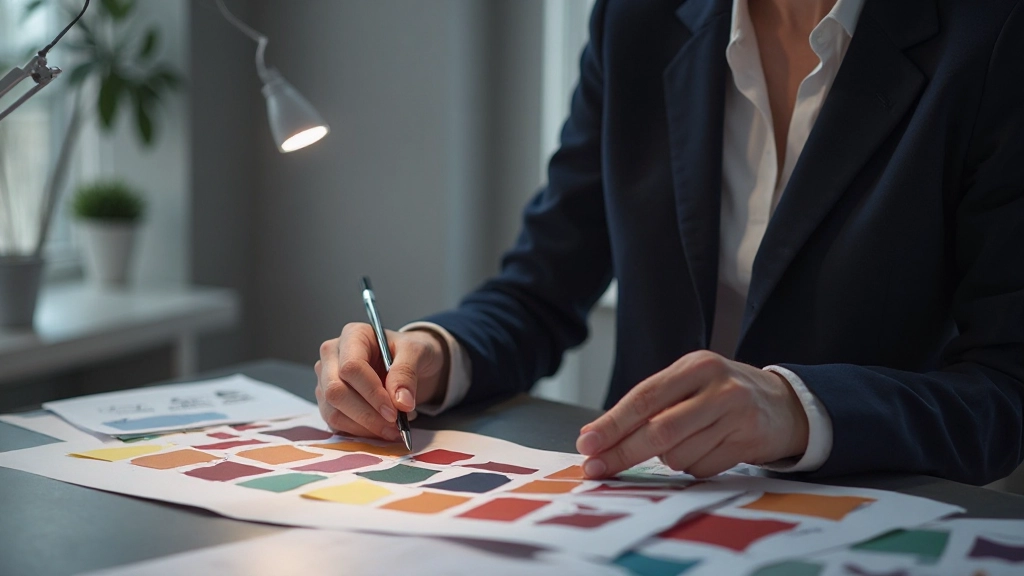 Professionele designer aan het werk met kleurenpaletten en typografische elementen op moderne designwerkstation met geavanceerde tools